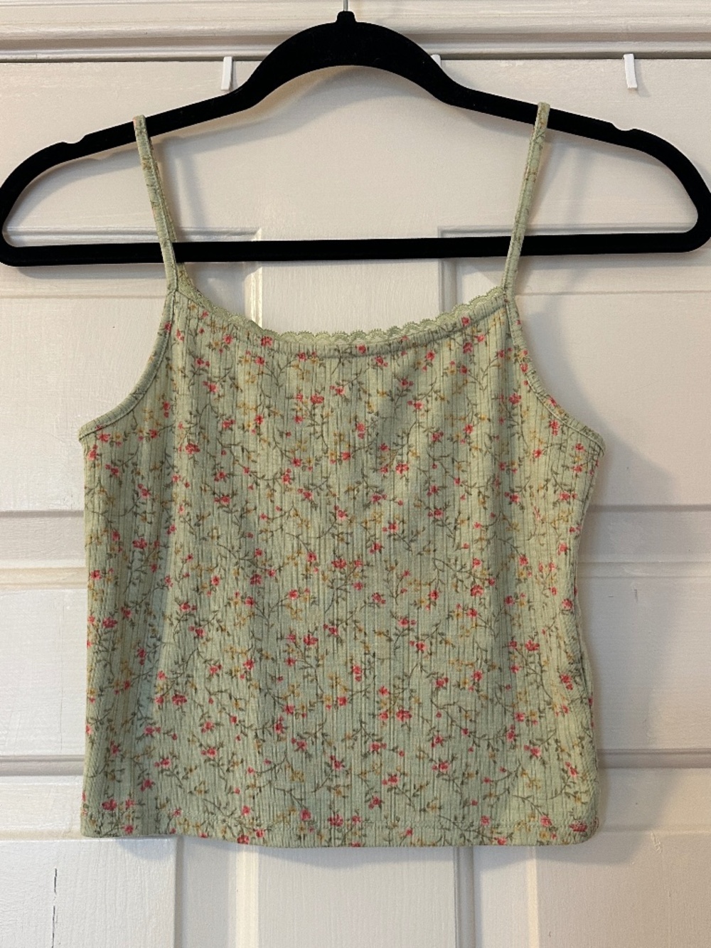 Forever 21 Ditsy Floral Pointelle Cropped Cami Women's Small Green Pink Coquette